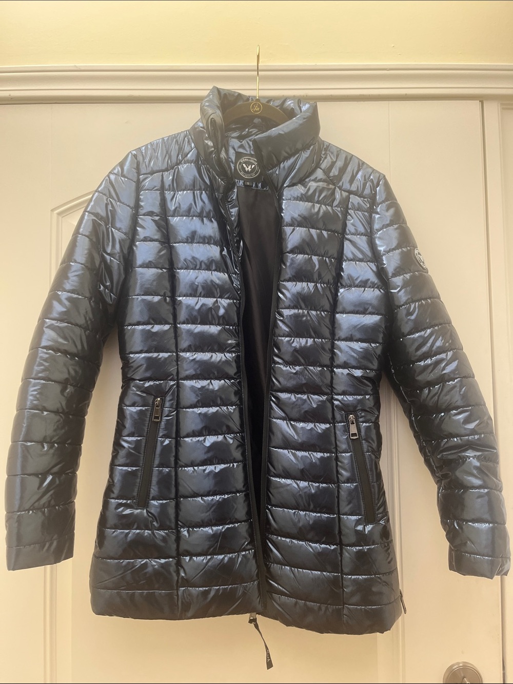 White Mark Women's Metallic Blue Quilted Shiny Puffer Jacket